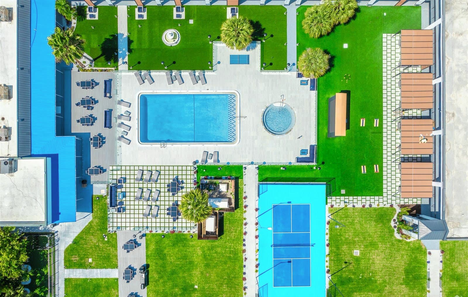 The Jade's courtyard and pool from the air