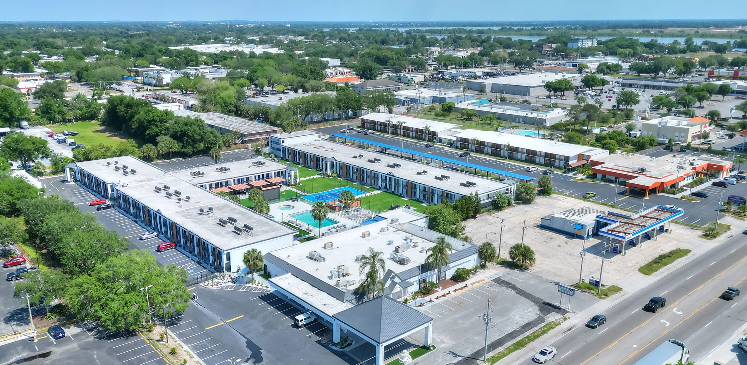 Downtown Winter Haven and the Chain of Lakes from the air above The Jade