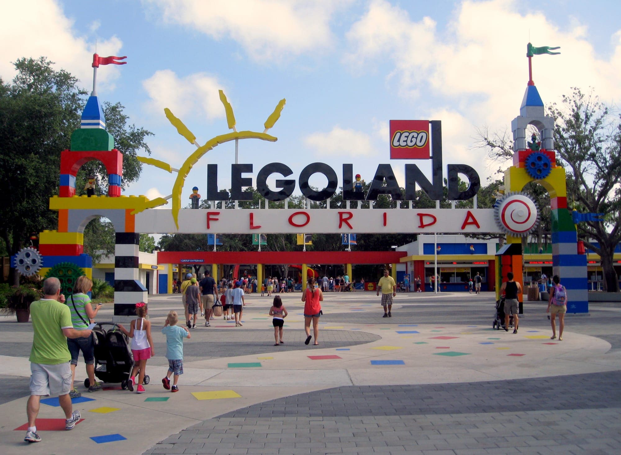 The LEGOLAND Florida entrance arch on a clear day